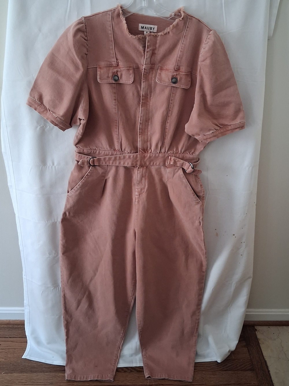 MAUBY Pink‎ Denim Utility Jumpsuit Puff Sleeve Frayed Neck Size M